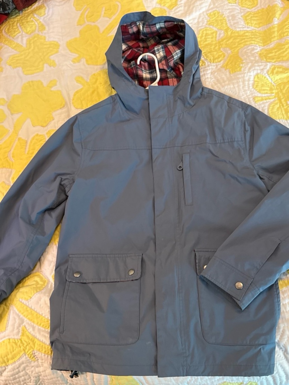 Marine Layer Men's Hooded Raincoat in Slate Blue with Plaid Lining